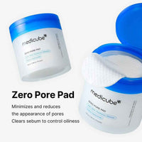 Medicube Zero Pore Pad, hydrating toner and exfoliating pore care pads in a blue-lidded jar for minimizing pores and controlling oil.