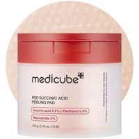 Red Succinic Acid Peeling Pads with 2% niacinamide and 0.5% succinic acid in red jar for exfoliating and brightening sensitive skin, medicube toner pad.