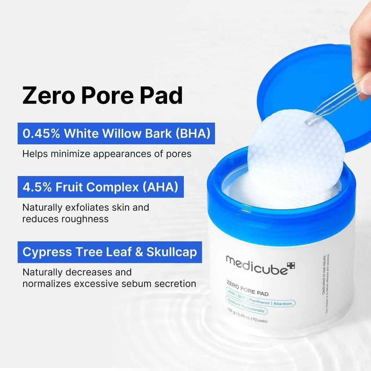 Medicube Zero Pore Pad, hydrating toner and exfoliating pore care pads with BHA and AHA for smooth, radiant skin in a blue-lidded container.