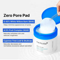 Medicube Zero Pore Pad, hydrating toner and exfoliating pore care pads with BHA and AHA for smooth, radiant skin in a blue-lidded container.